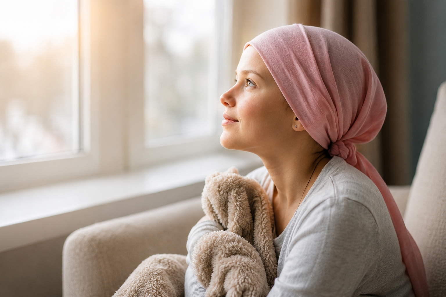 Young cancer patient looking toward the light with hope