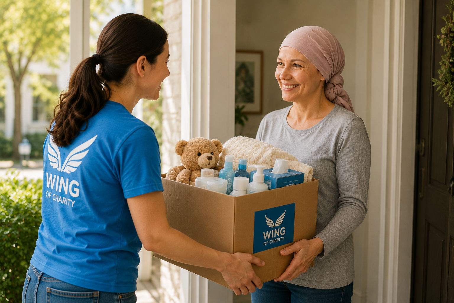 Wing of Charity volunteer delivering a care package