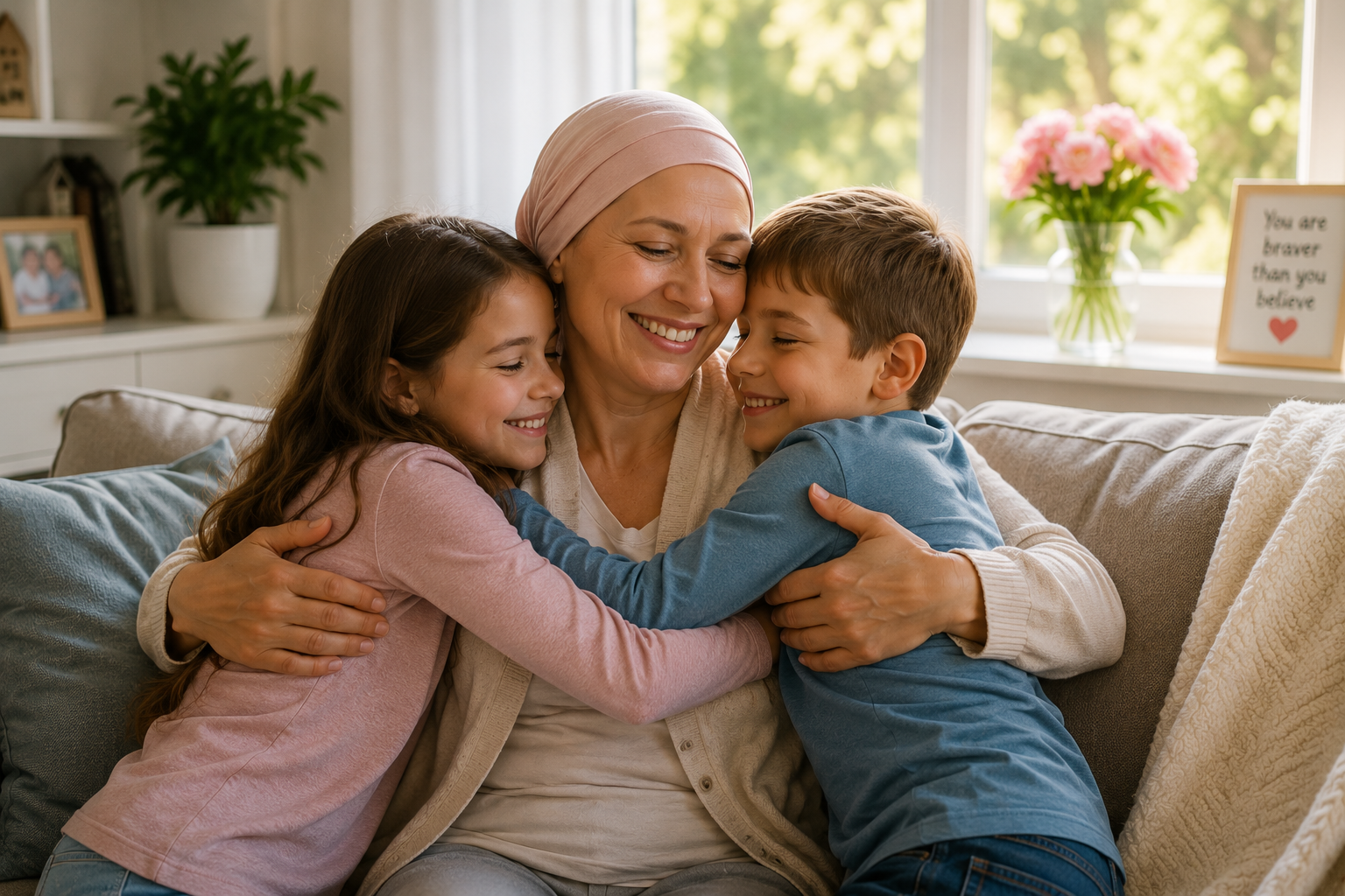 A family supporting their mother during cancer recovery