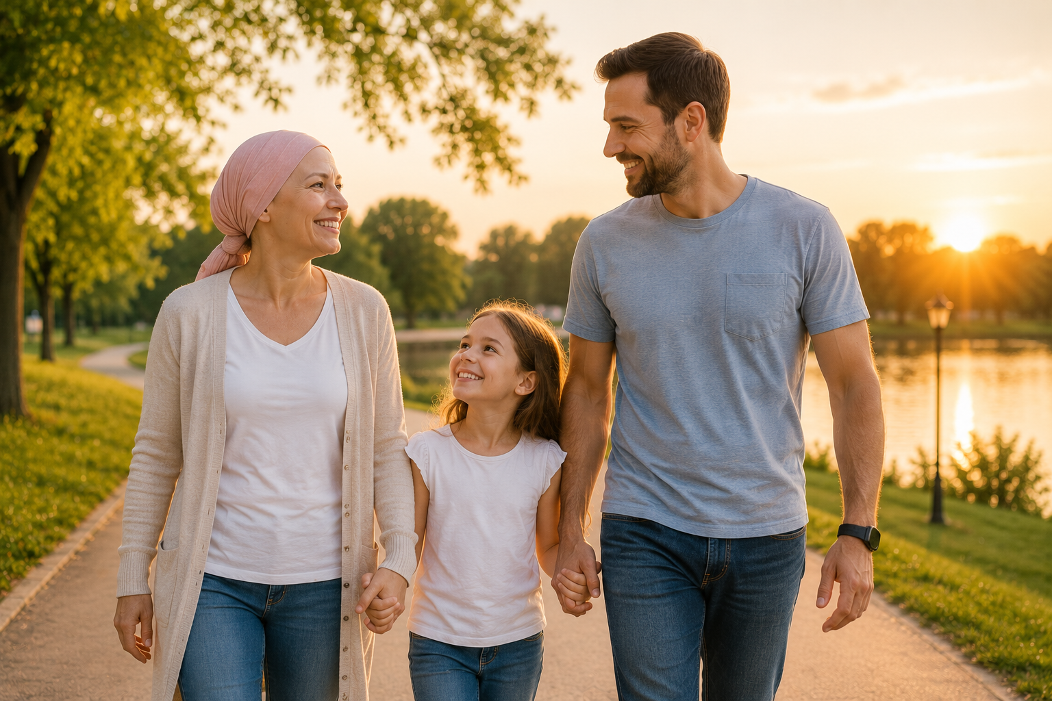 A family walking together in hope after cancer treatment